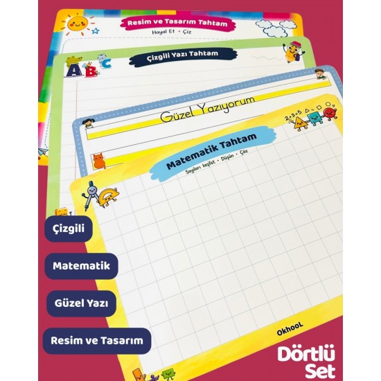 İlk Yaz Sil Tahtalarım 4 lü Set - Güzel Yazı - Matematik - Çizgili - Resim / Tasarım